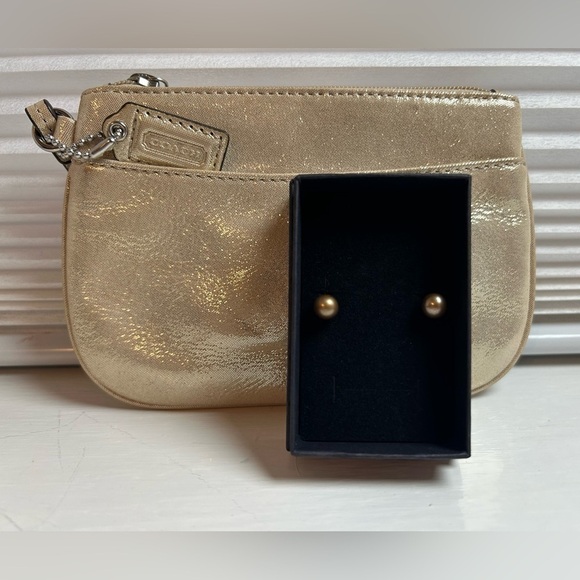 Coach Handbags - Coach Gold Wristlet and Faux Pearl Stud Earrings on Sterling Silver Posts -7-8mm